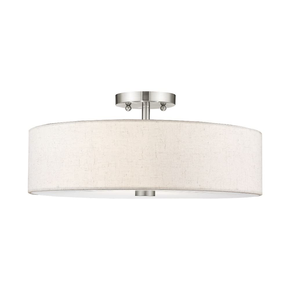 Livex Lighting 52136-91 Meridian Collection 4-Light Semi Flush Mount Ceiling Fixture With Oatmeal Color Fabric Hardback Drum Sha