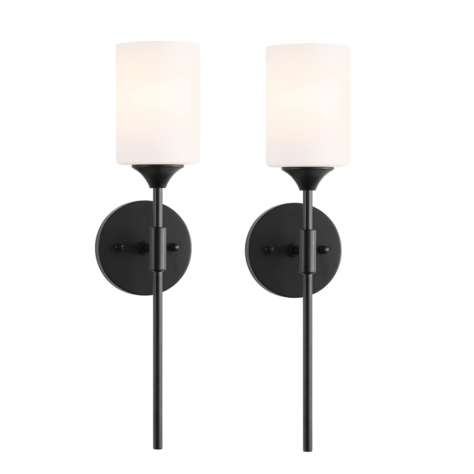 BYOLIIMA Mid Century Modern Wall Lamp 2 Pack with White Cylinder Glass Shades Matte Black Wall Sconce Bathroom Vanity Lighting I