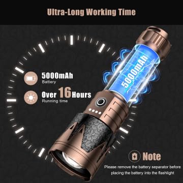 SKYFIRE LED Flashlight 5000mAh Rechargeable Tactical, Zoomable, Waterproof, Black and Gold, Model 2000J, 6 Modes for Camping and Outdoor Use