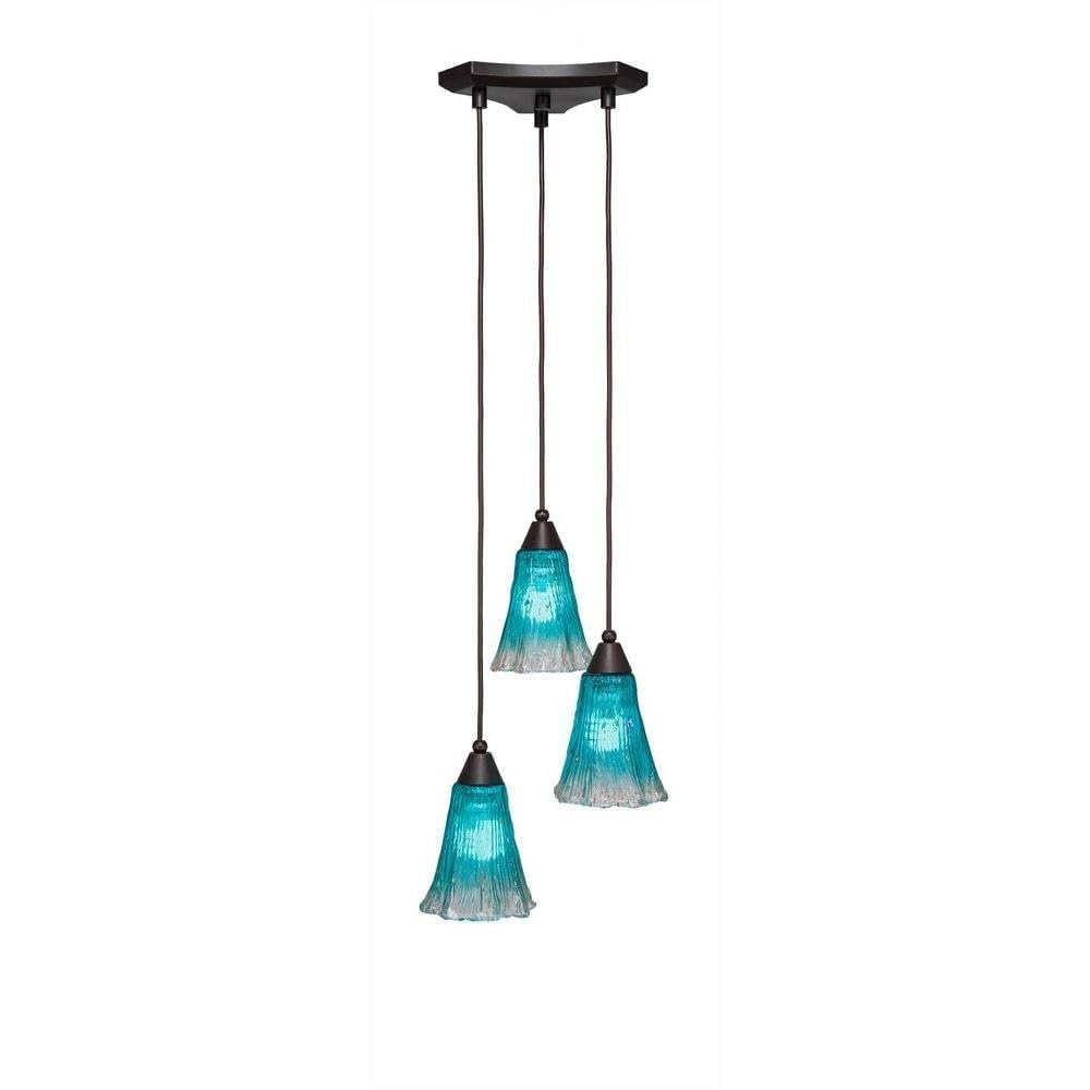 Toltec Lighting 28-Dg-725 Europa 3 Light Multi-Light Mini Pendant With Fluted Teal Crystal Glass, 5.5&quot;, Dark Granite