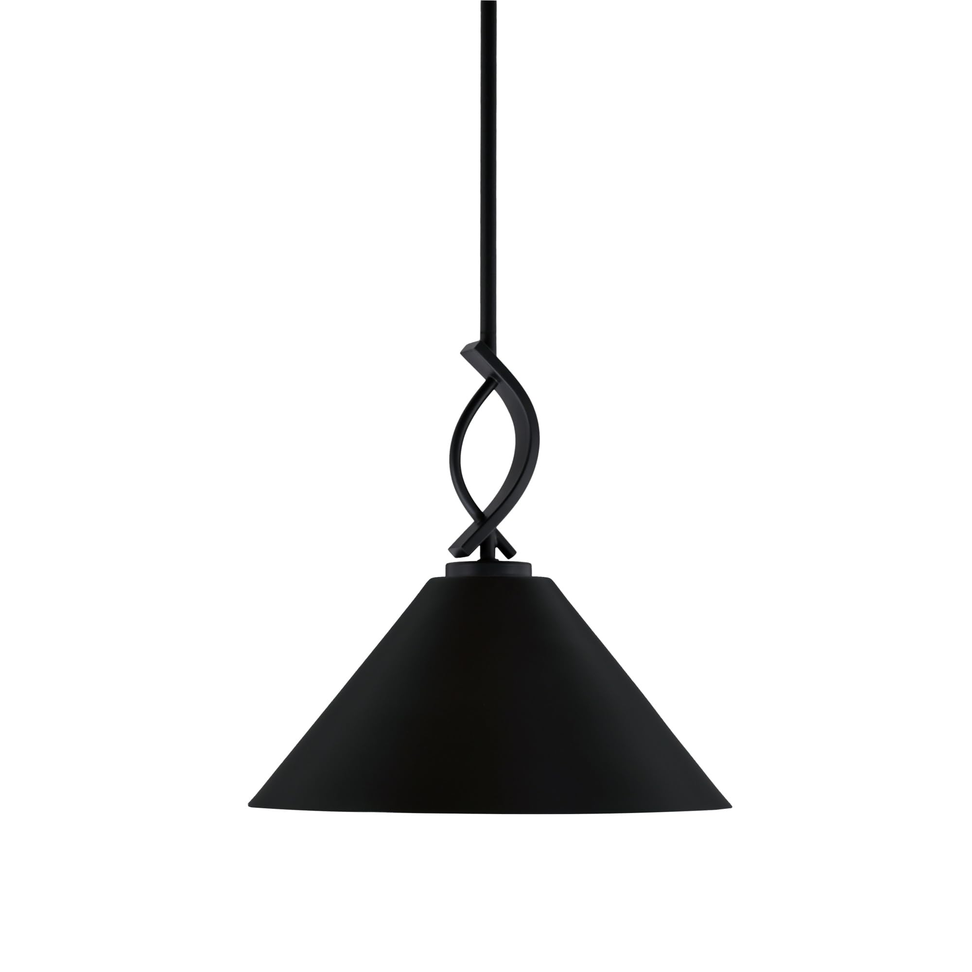 Cavella 1 Light Stem Mini Pendant Shown in Matte Black Finish with 14&quot; Matte Black Cone Metal Shade
