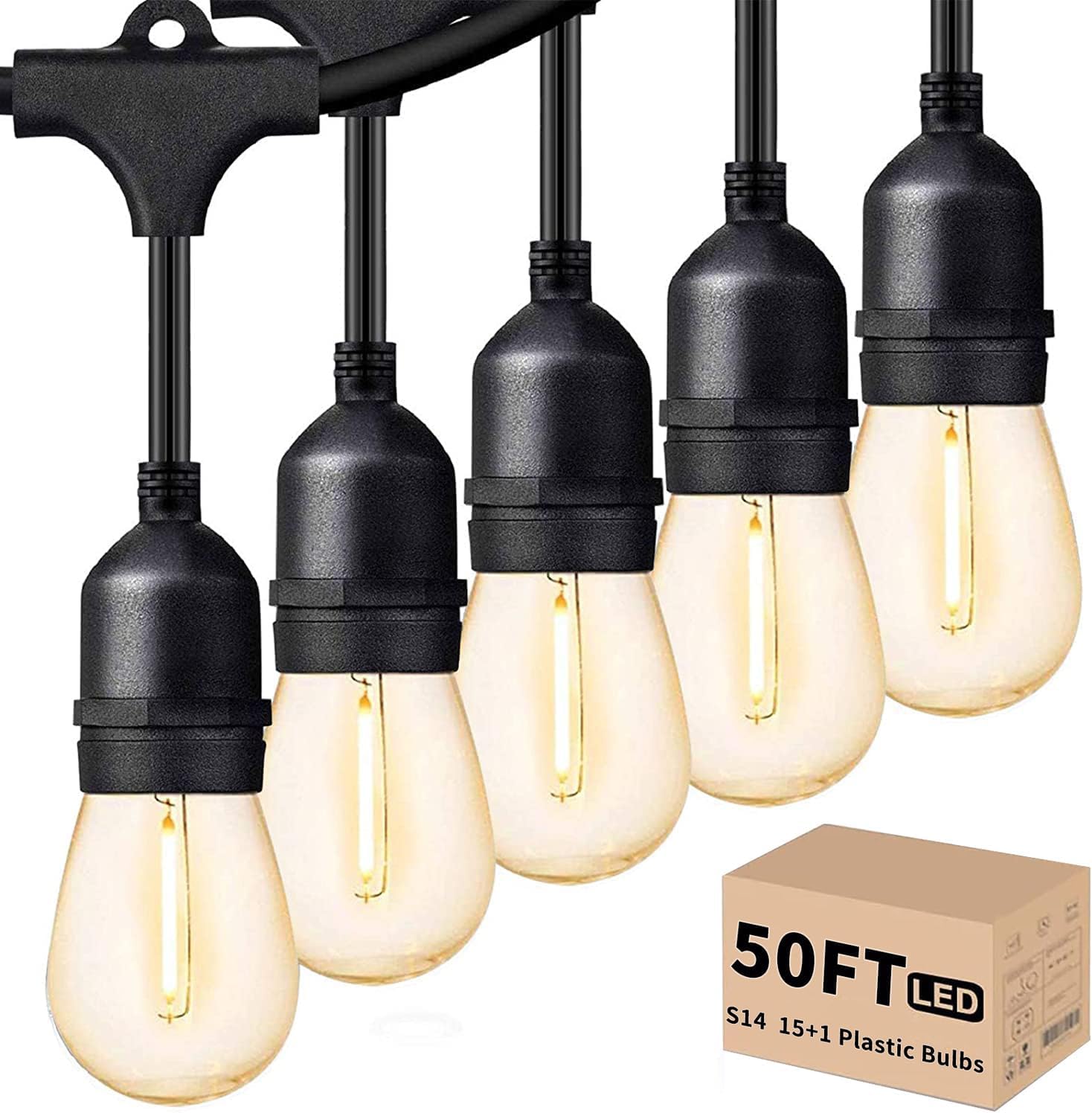 Svater 50FT Outdoor LED String Lights, 16 S14 Shatterproof Bulbs, Dimmable Warm White, IP65 Waterproof, Commercial Grade
