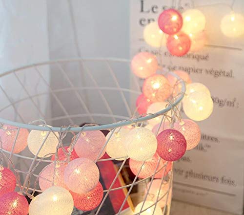 ALUNME 10 LED Warm Light Cotton Ball String Lights,5 FT Led Pink Ball String Lights with2 AA Battery Powered Home Indoor Room De