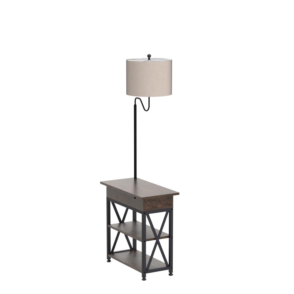 Dungoo Floor Lamp with Table, Rustic Brown End Table with USB, Type-C Ports & 2 Outlets, Model DG-BG-GM