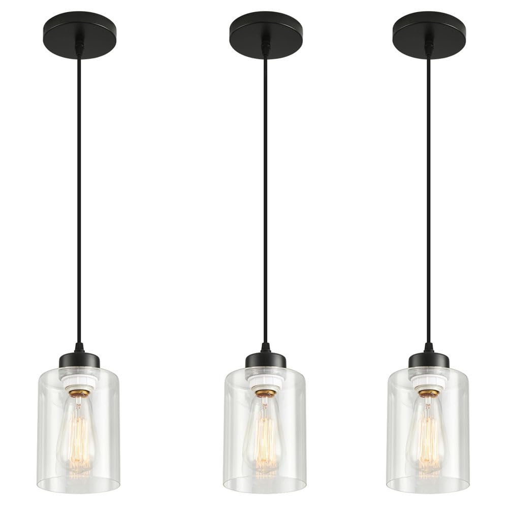 CAFULAM Pendant Light Fixture, 3 Pack Hanging Ceiling Lamp with Clear Glass Shade, Adjustable, Kitchen and Dining Room, Black, 3
