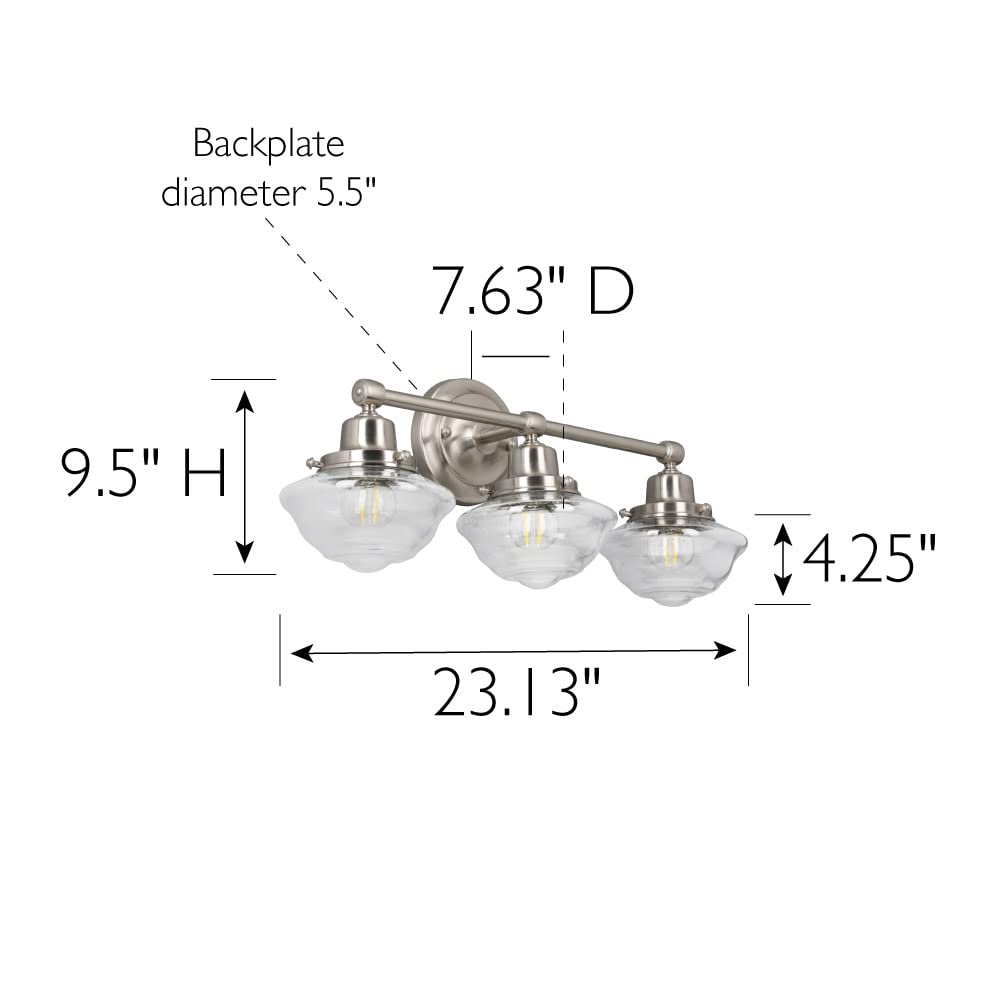 Design House Vintage-Inspired 3-Light Dimmable Vanity Light, Satin Nickel, Clear Seeded Glass Shades, 23.125 in x 7.625 in x 9.5 in,