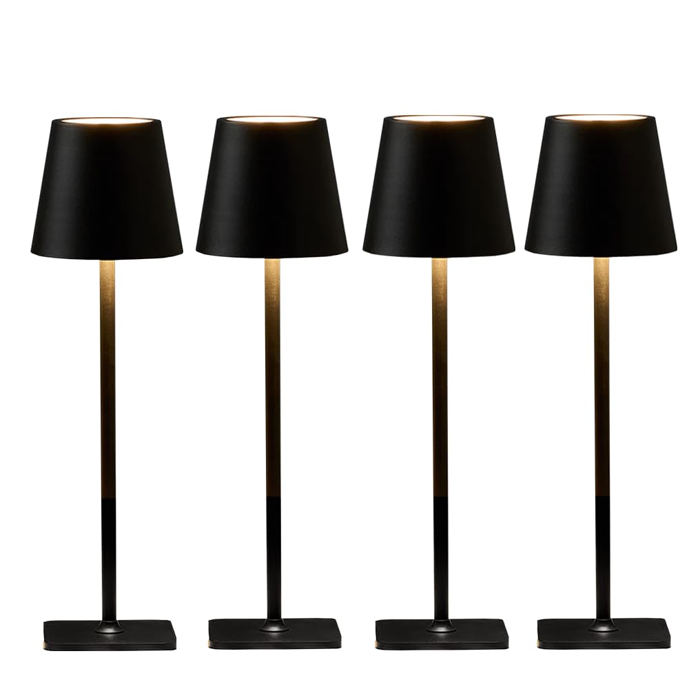 LamparaDecor 4 Pack LED Cordless Table Lamps, Waterproof, Rechargeable, Black, Set of 4
