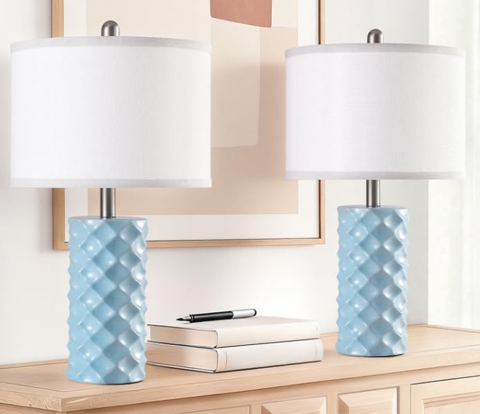 BLHDZJR Sky Blue & Star Diamond Ceramic Table Lamps (Set of 2) - 23 Luxe Modern Bedside Lamps for Nightstand bedrooms  Living Rooms  or entryways & Rotary Switch No Bulbs