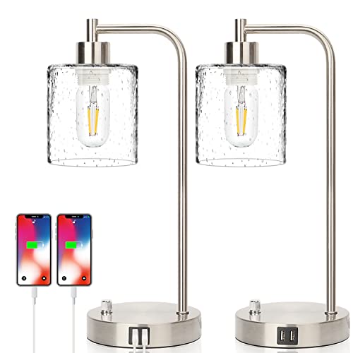 ?Upgraded?Set Of 2 Industrial Table Lamps With 2 Usb Port, Fully Stepless Dimmable Lamps For Bedroom, Bedside Nightstand Desk La
