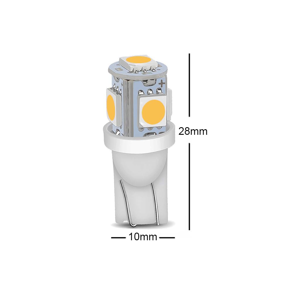 Blyilyb 10-Pack Warm White Replacement Stock # 194 T10 168 2825 W5W 175 158 Bulb 5050 5 Smd Led Light 12V Car Interior Lighting