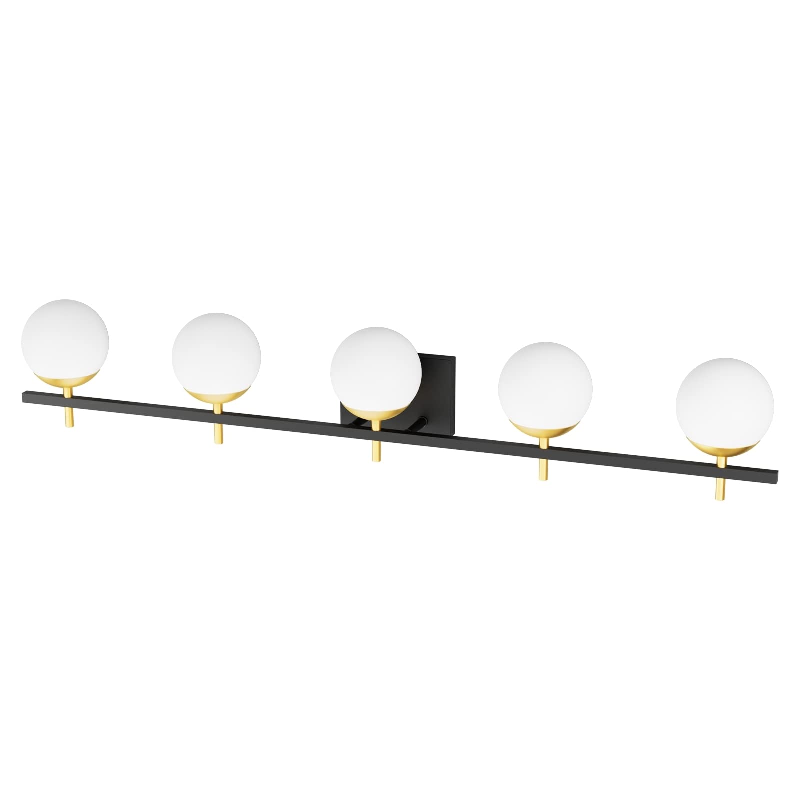 Ralbay Mid Century Modern Vanity Light Fixture 5 Light Milky Glass Globe Modern Bathroom Light Fixture Over Mirror, Black/Golden