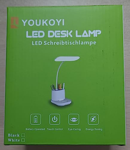 Youkoyi Led Desk Lamp - Rechargeable Touch Control, Stepless Dimming, 3 Color Modes, Gooseneck, White, Model T22