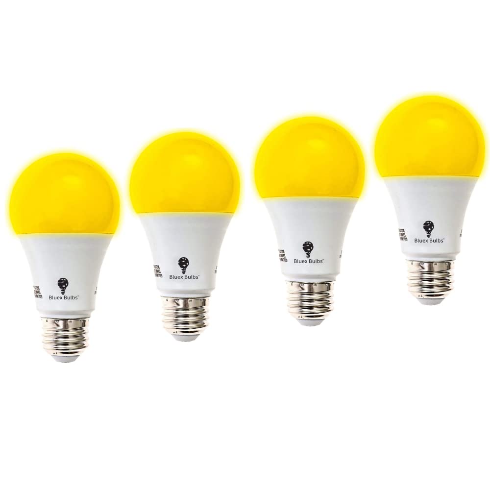 Bluex 4-Pack A19 Amber Yellow Led Bug Light Bulb - No Blue Light, 650 Lumens, 120V E26 Medium Base, 9.5-Watt (60-Watt Replacemen