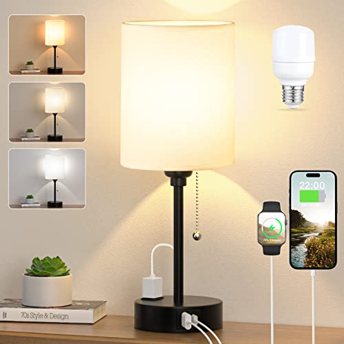 Small Bedroom Lamps With Usb C And A Ports 3 Color Temperatures - 2700K 3500K 5000K Pull Chain White Nightstand Bedside Table La