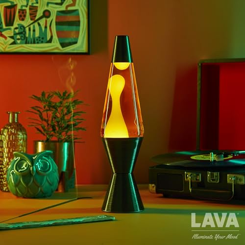 Lava Lamp - 14.5 Vinyl Record Grooved Base - The Original Motion Light - Yellow Wax And Orange Liquid - Item #2017