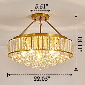 Yyjlx 6-Light Gold Crystal Chandelier Semi Flush Mount Ceiling Light For Dining Room & Foyer
