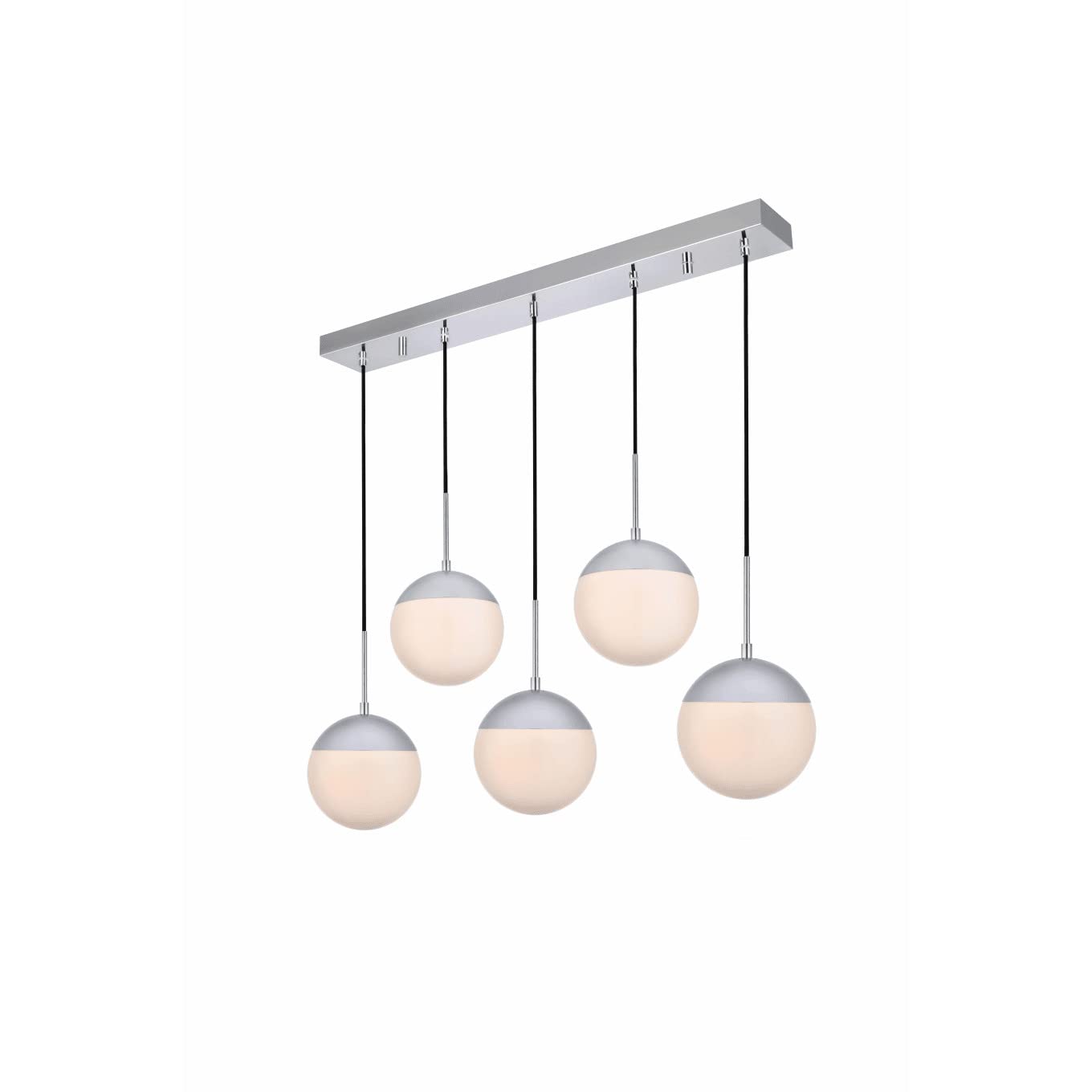 Living District Chrome Pendant Light - 5 Frosted White Glass Shades - Modern Lighting Fixture