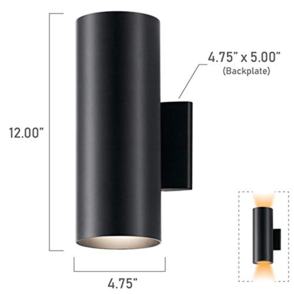 Kichler 2-Light Outdoor Wall Sconce, Black Aluminum Cylinder Fixture, 12in H x 5in W, Model 9244BK