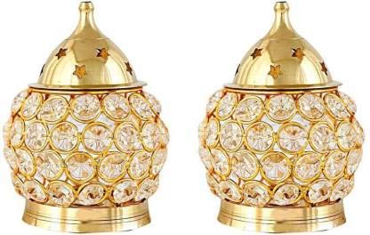Fashion Bizz Brass Akhand Diya | Diamond Crystal Deepak/Dia | Akhand Jyot | Decorative Brass Crystal Oil Lamp | Tea Light Holder
