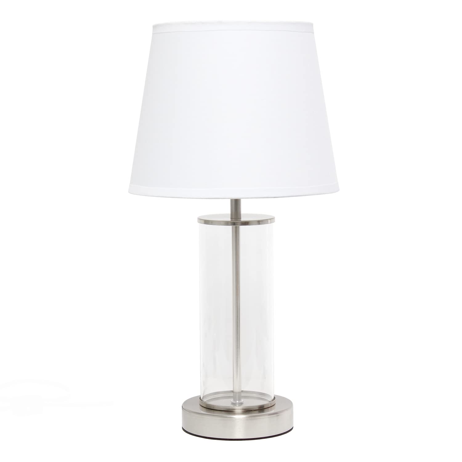 Simple Designs LT2081-BSW Small Bedside Table Lamp, Brushed Nickel, Glass, 8.66inL x 8.66inW x 16.93inH, White Shade