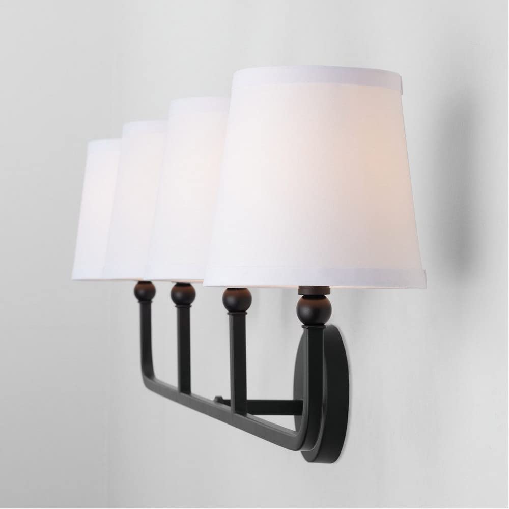 Capital Lighting Dawson Bath Vanity Wall Mount, 4-Light, Matte Black, 12inH x 35inW, Model 119341MB-674, Rustic White Fabric