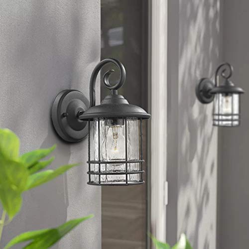Emliviar 1-Light Outdoor Wall Lantern Twin Pack, Black Finish With Seeded Glass