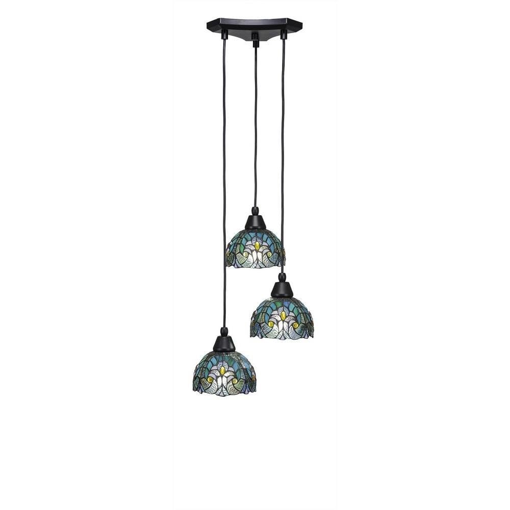 Toltec Lighting 28-Mb-9925 Europa 3 Light Multi-Light Mini Pendant With Turquoise Cypress Glass, 7&quot;, Matte Black