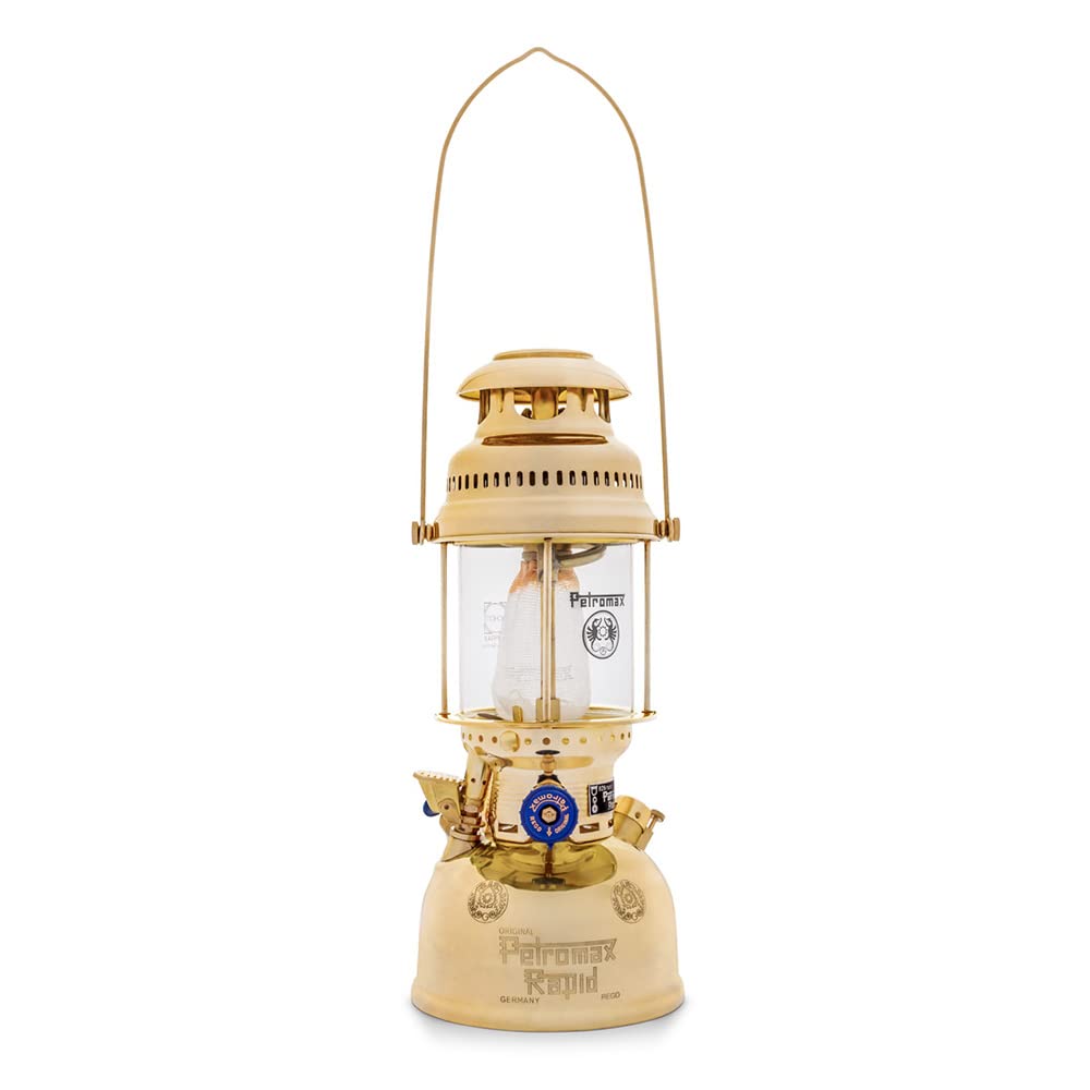 Petromax Hk500 Pressurized Lantern, 500 Candlepower With 1 Quart Kerosene Tank For Home, Camping Or Emergency Lighting, Hand Assembled High Pressure 400 Watt Lamp, Polished Brass