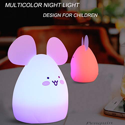 Tianhaixing Rechargeable LED Mouse Night Light, Soft Silicone, Remote & Touch Control, Adjustable Brightness & Colors, White, Model THX885