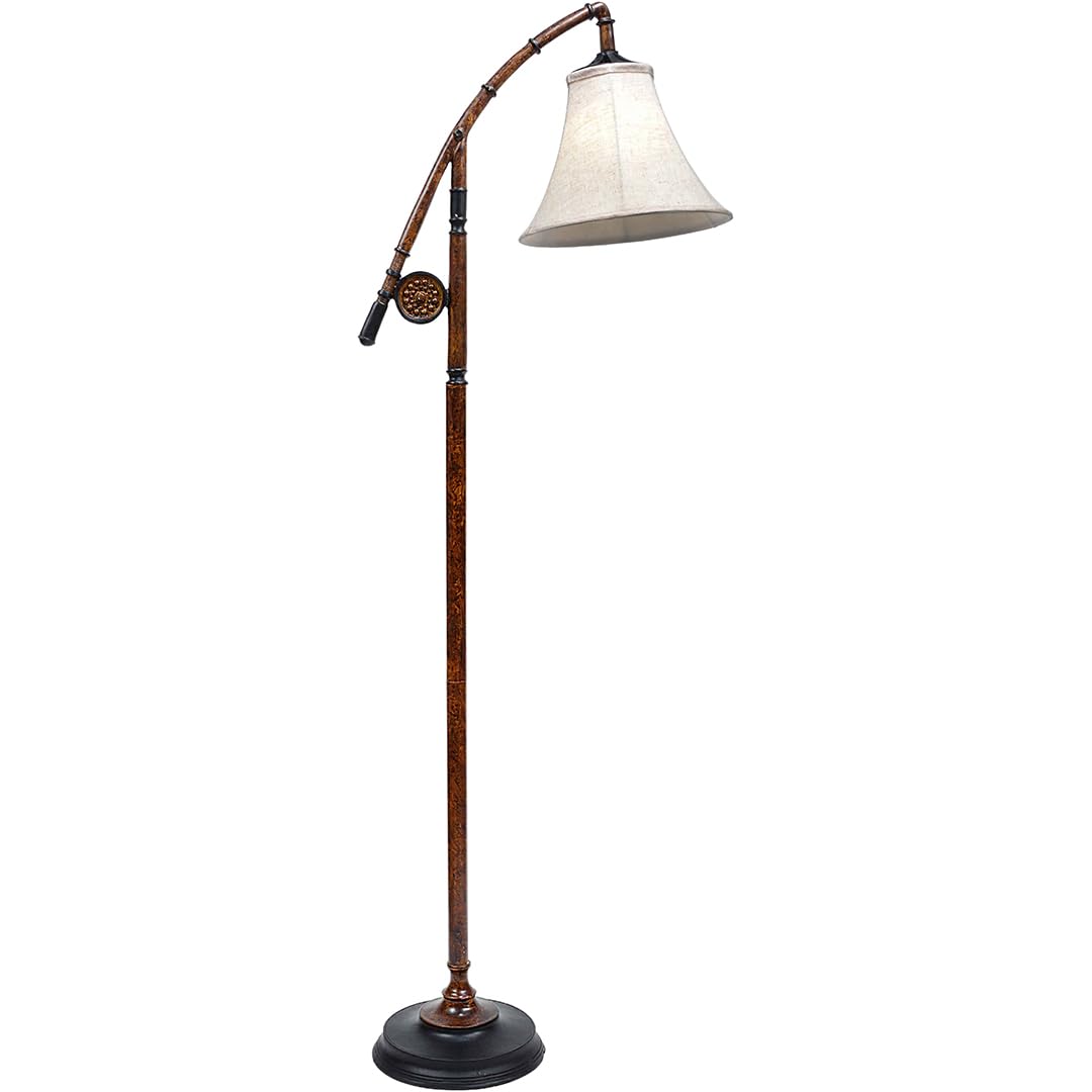 Black Forest D?Or - Fishing Pole Floor Lamp With Linen Shade, Cast Resin Construction - Vintage Lakeside Style - 19'' W X 63'' H
