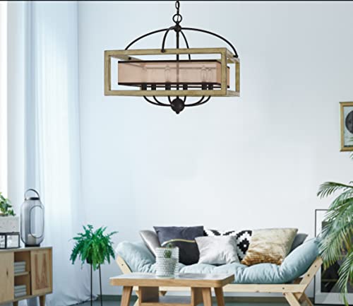 Cal Lighting FX-3781-6 Palencia Chandelier, Rubber Wood, Organza Shade, Distressed Oak