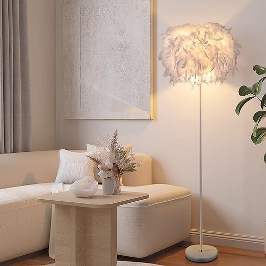 Kariosid Feather Floor Lamp,59In Simple Modern Led Standing Lamp,White Feather Floor Lamp For Bedroom,Living Room,Dining Room An