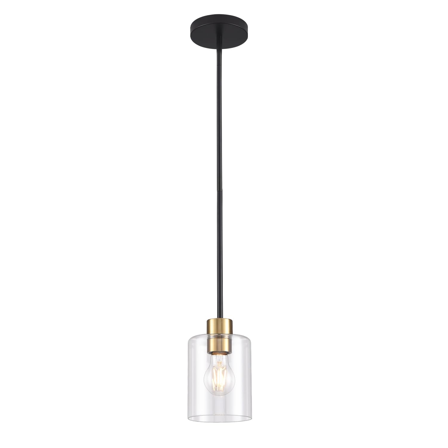 KLSS Black Brass Pendant Lights - Clear Glass Fixture, 12in & 4in Rods, 3 Units, Model HJBLDD1P001