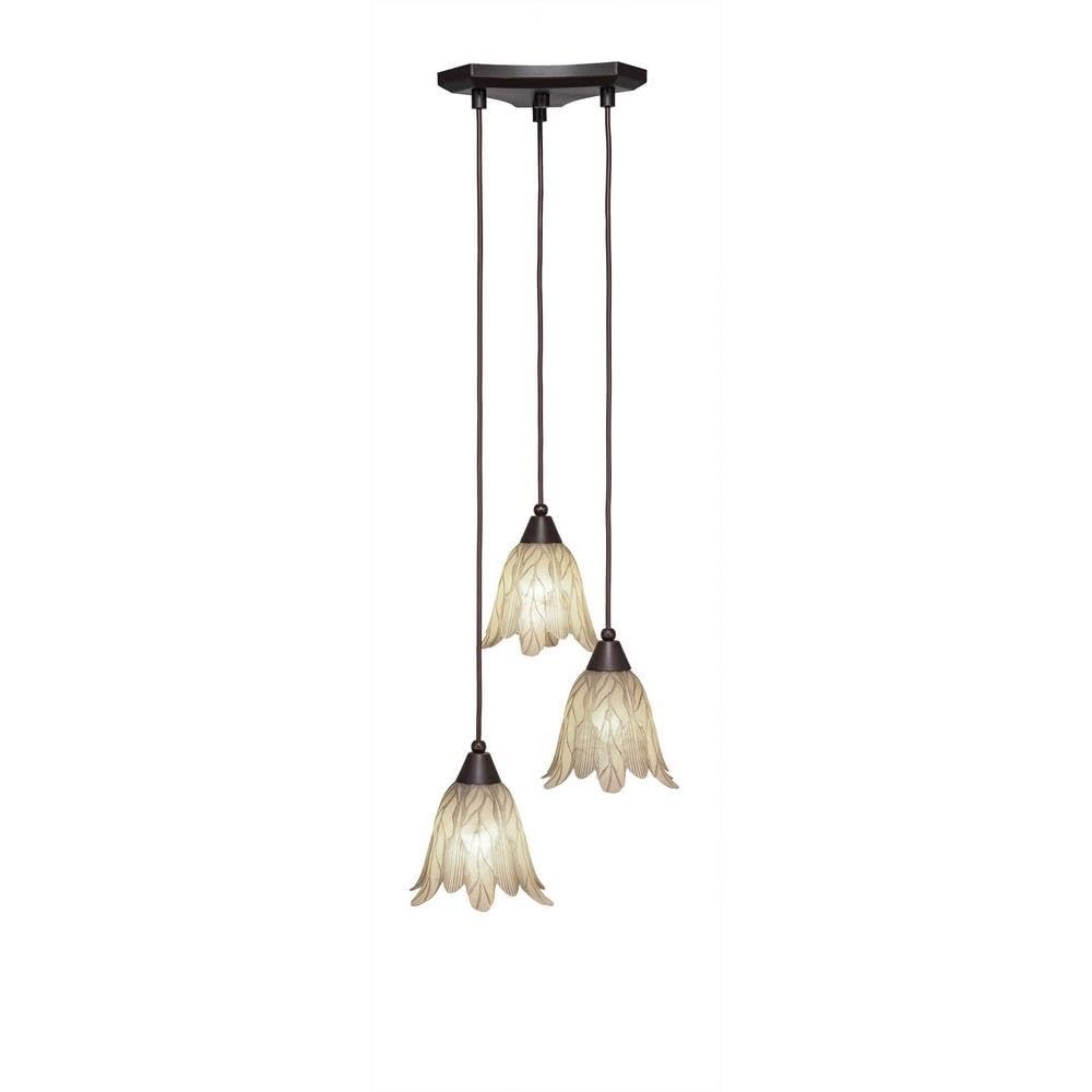 Toltec Lighting 28-Dg-1025 Europa 3 Light Multi-Light Mini Pendant With Vanilla Leaf Glass, 7&quot;, Dark Granite