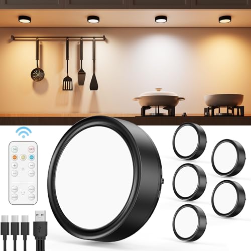Led Puck Lights Rechargeable With Remote, Black Stick On Lights For Closet Battery Operated Push Button Light Magnetic Under Cabinet Tap Lights Usb Bookshelf Light Wireless Kitchen Counter Touch Light