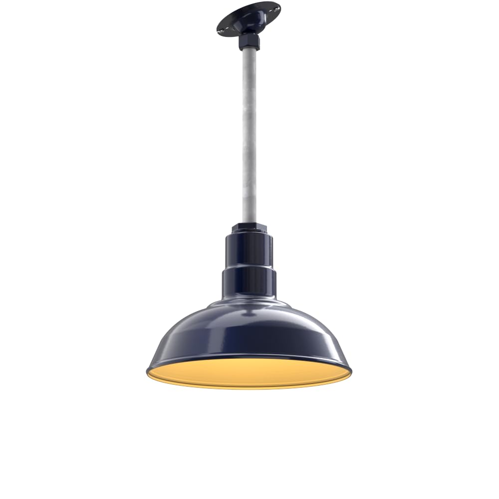 Steel Lighting Co. El Segundo Barn Light - Ceiling Mounted Pendant, 12in Dome, Alloy Steel, Navy Blue/Brass, 12in Sloped Stem