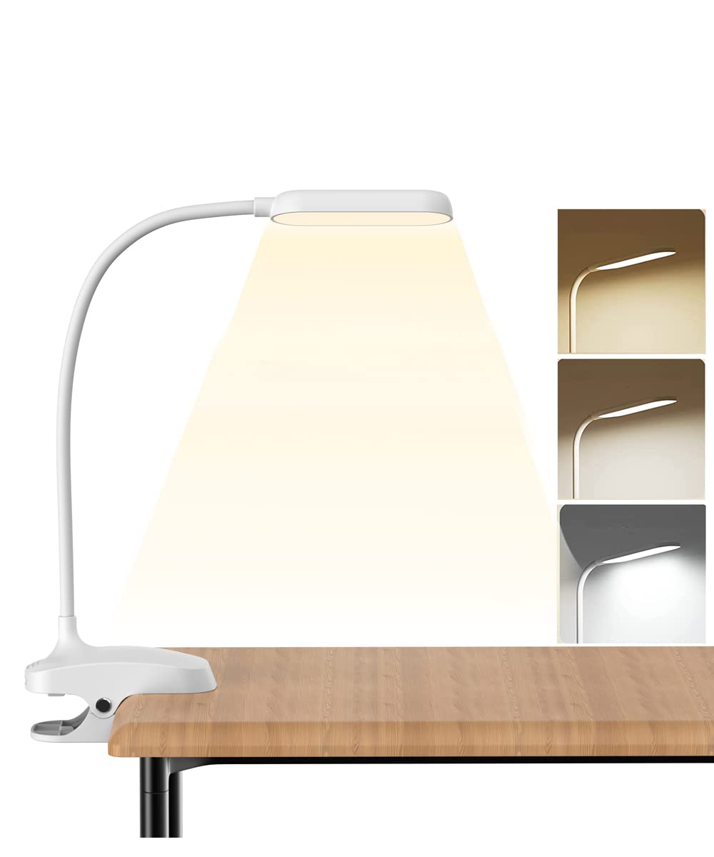 Colorlife Clip-On Desk Lamp - 7W Rechargeable Gooseneck Light, White, Model Cl-Dw01, Stepless Brightness For Reading & Work