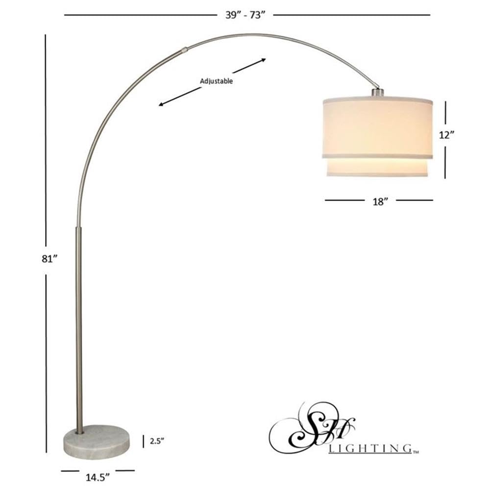 SH Lighting 6938 Brush Steel Floor Lamp - 81" Tall, Marble Base, Large Drum Shade, White-Double