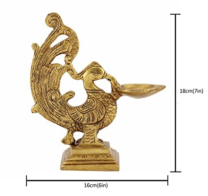 Jaszz Art Brass Peacock Diya (9 inches and 800g) Ethnic Design Handmade Curved Oil Wick Antique Deepak Lamp for Home Decor Templ