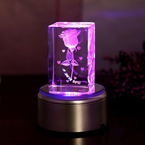 Gracesdawn K9 Crystal Material 3D Laser Etched Crystal Rotating Rose -4 Led Colorful Lights Can Be Rotated