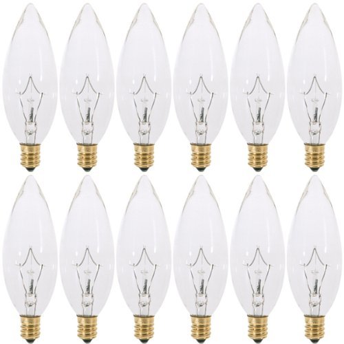 (Pack Of 12) 25 Watt Ctc Clear Candelabra Base (E12) Straight Torpedo Tip 120V Incandescent Chandelier Light Bulbs