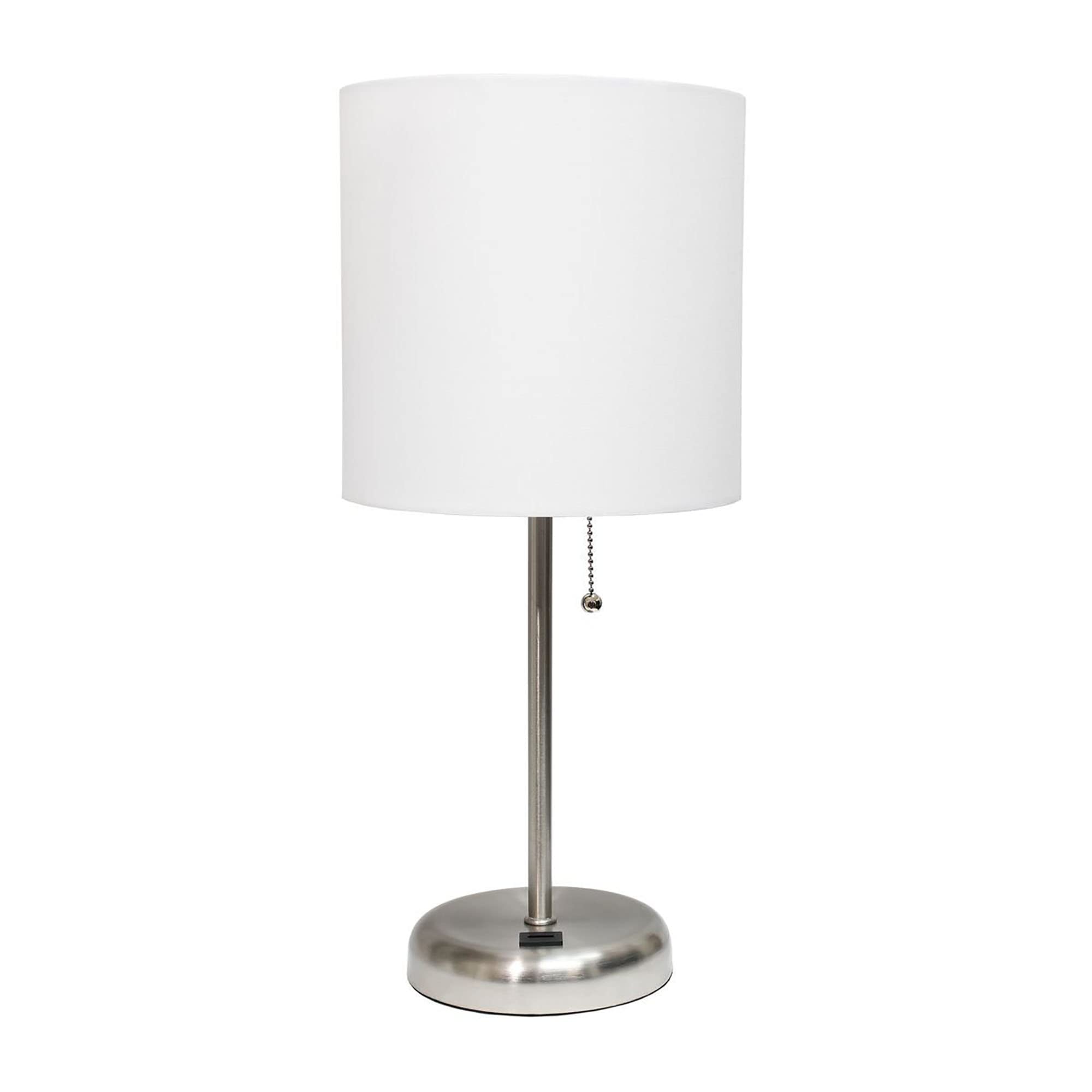 Creekwood Home Oslo 19.5" Contemporary Bedside Usb Port Feature Standard Metal Table Desk Lamp In Brushed Steel With White Drum Fabric Shade