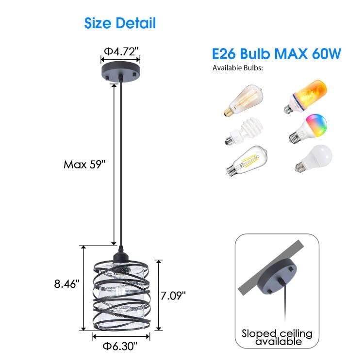 Fisgoni Modern Mini Pendant Light Fixture 3-Pack Kitchen Island Pendant Lighting 6.3''Matte Black Spiral Cage Handblown Clear Se