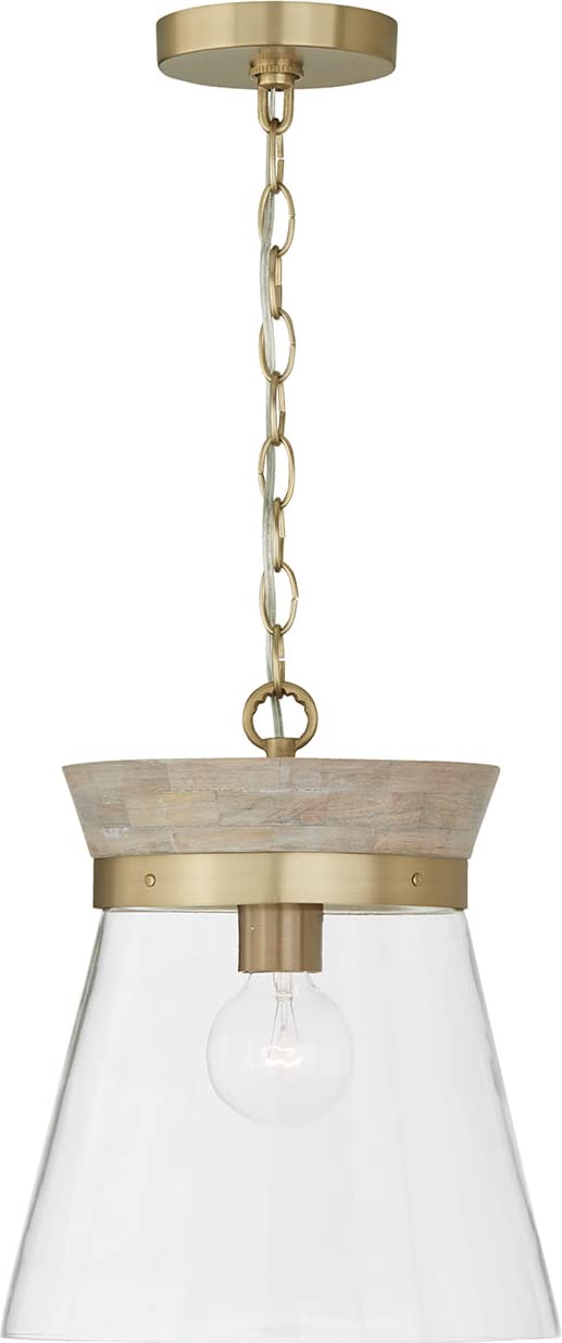 Capital Lighting 347311WS Finn Modern Bohemian Handcrafted Mango Wood Clear Glass Cone Pendant Ceiling Light Fixture, 1-Light 10