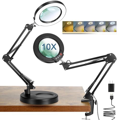Coyeth 10X Magnifying Glass with Light and Stand, 5 Color Modes Stepless Dimmable 2-in-1 Lighted Magnifier with Clamp, LED Desk 