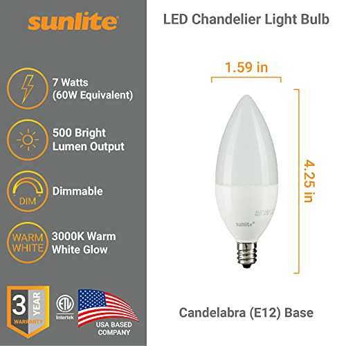 Sunlite LED B13 Chandelier Bulb, 7W (60W=), 500 Lumens, Dimmable, E12 Base, 3000K Warm White, 6 Count