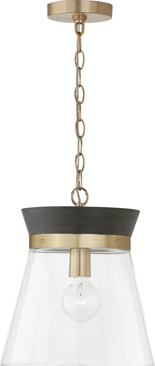 Capital Lighting 347311KR Finn Modern Bohemian Handcrafted Mango Wood Clear Glass Cone Pendant Ceiling Light Fixture, 1-Light 10