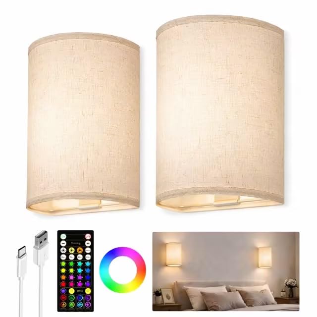 EZVALO Battery Operated Wall Sconce, Rechargeable Wall Sconces Set of Two with Remote, 3 Color & 80 RGB Wireless Wall mount Ligh