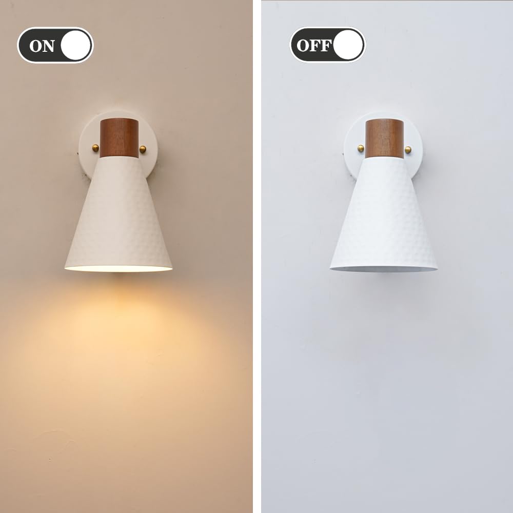 Dsmjfu White Wall Sconces Set Of Two, Modern Rotateable Wall Light Set Of 2, Beside Sconces Wall Lamp With Hammered Metal Shade, Rustic Wood Sconce Wall Lighting For Bedroom Living Room Hallway