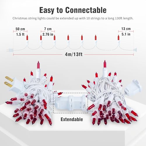 Hopolon 50 Red Christmas Lights - 2Pack White Wire, 13Ft String Lights For Indoor/Outdoor Holiday Decorations